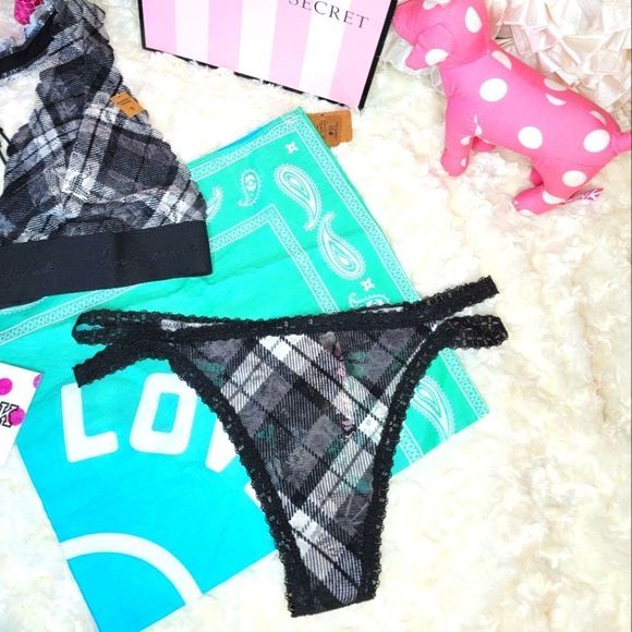 NWT 2PC PINK VICTORIA SECRET BRALETTE LACE THONG BLACK WHITE PLAID BANDANA SMALL - Picture 2 of 12